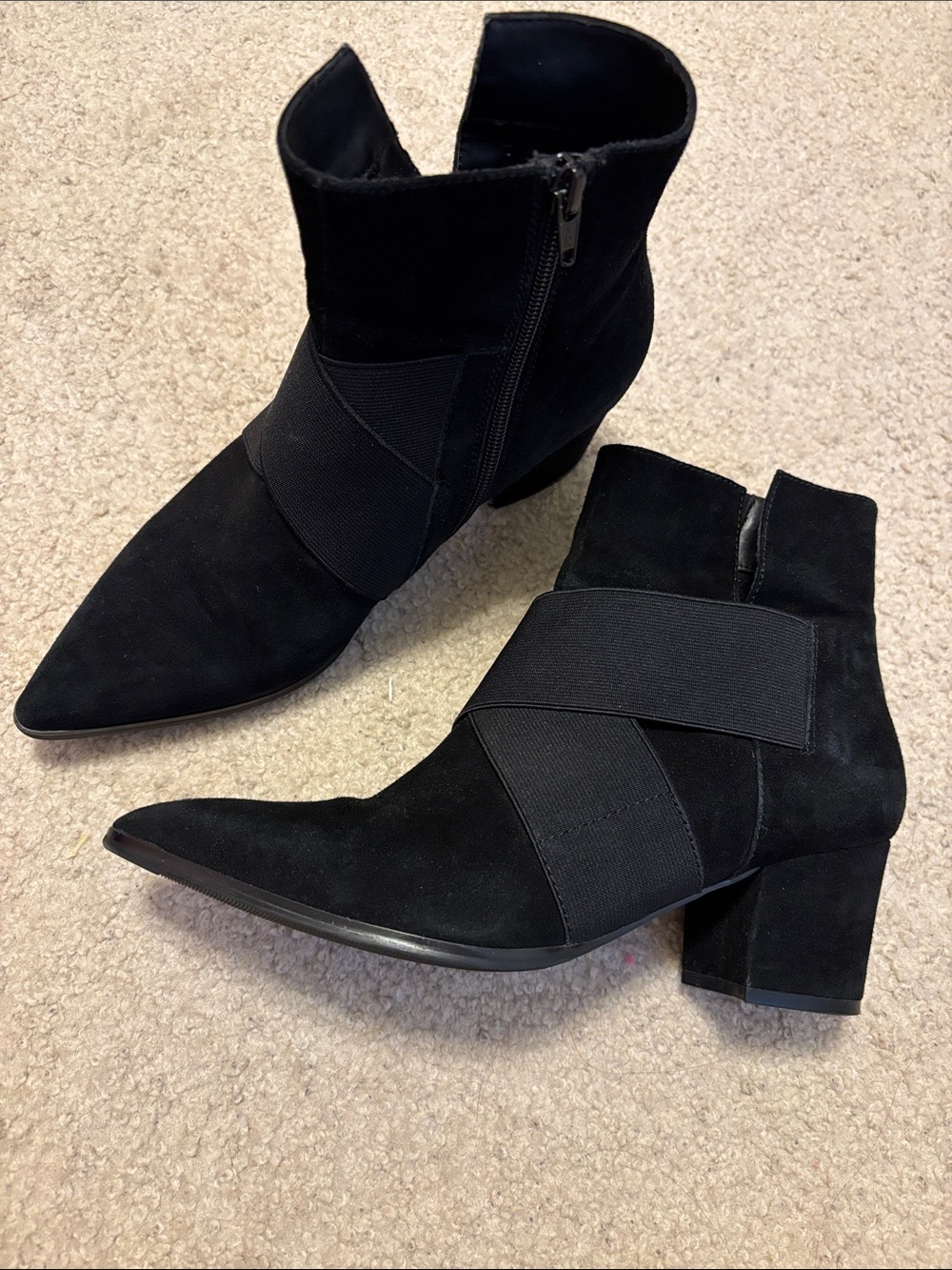 Van Eli Black Suede Ankle Booties with Elastic Cross Strap